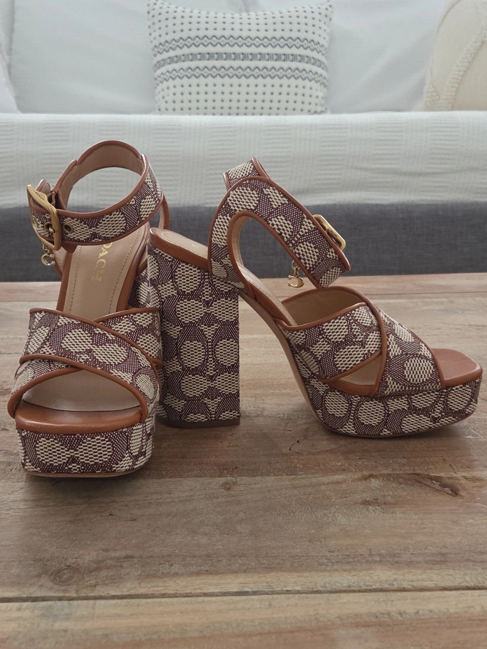 Coach Brown and Cream Signature Platform Block Heel Sandals - Picture 2 of 5